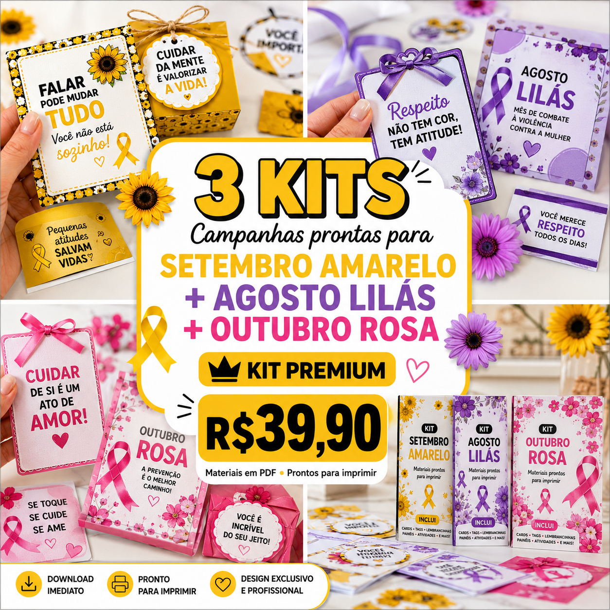Mockup do Kit Premium com Setembro Amarelo, Agosto Lilás e Outubro Rosa